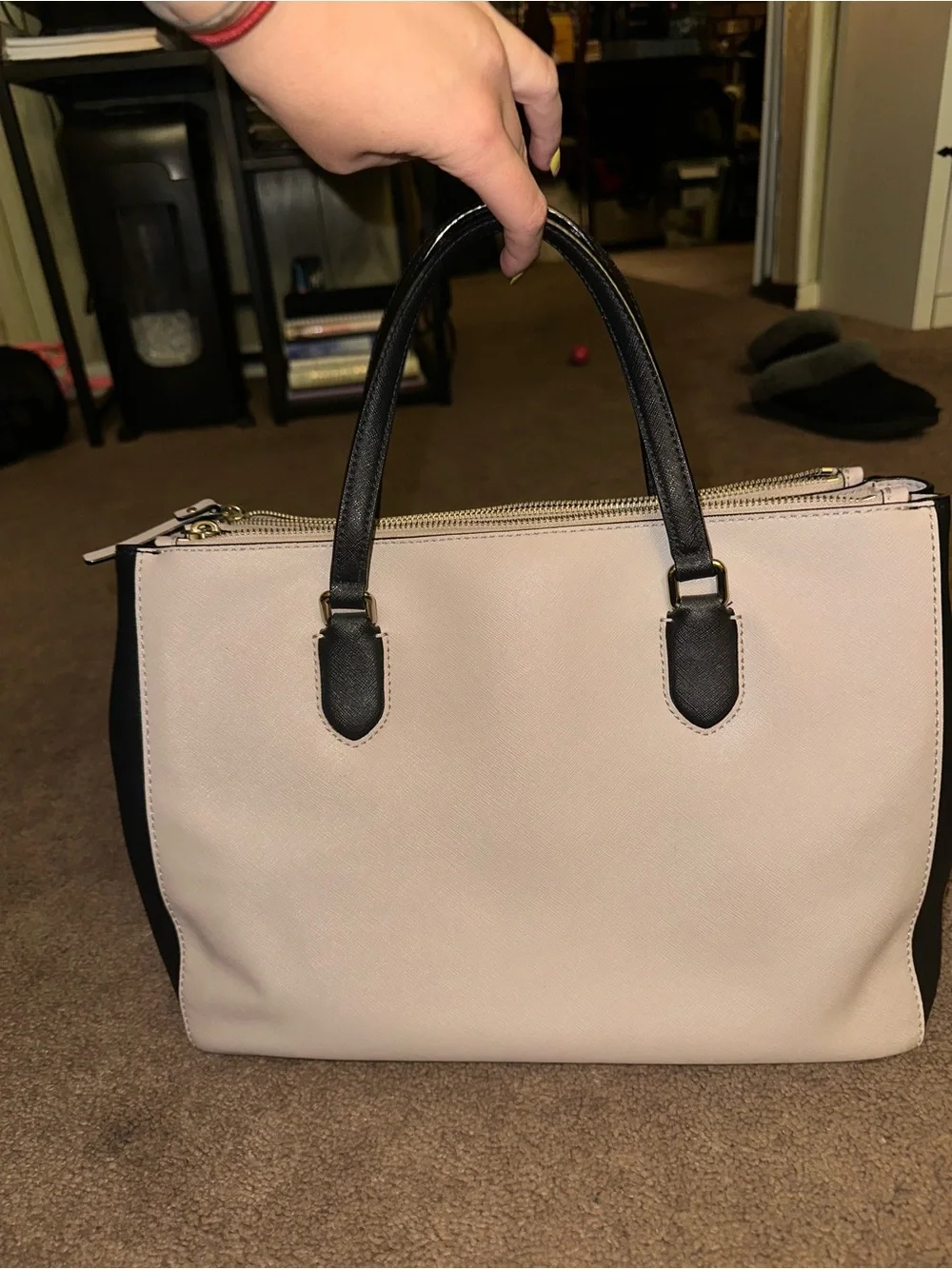 kate spade Beige and Black Satchel with Gold Logo Plate